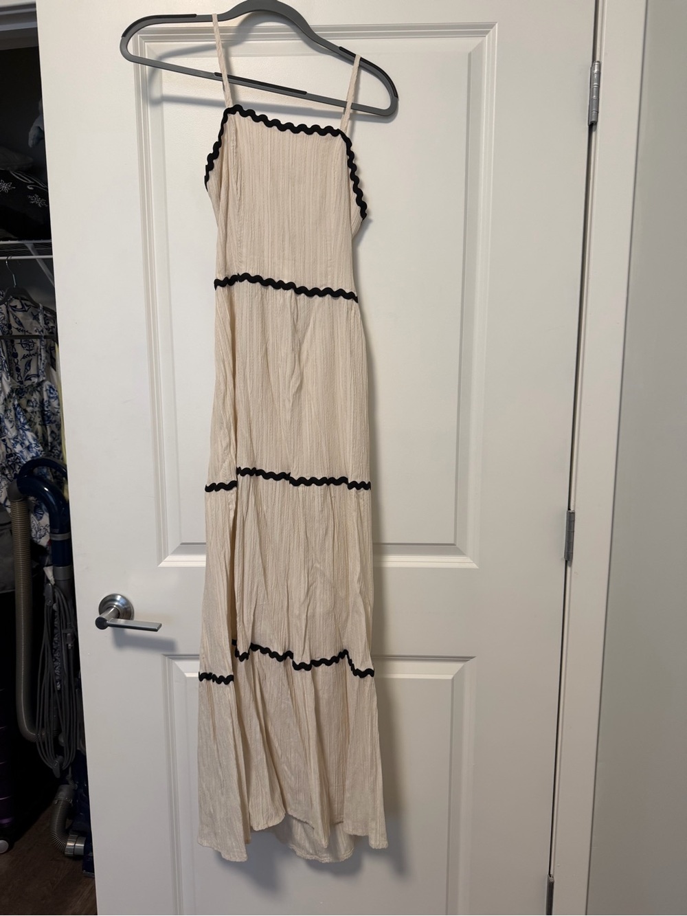 Beige Maxi Dress with Black Trim - Elegant Spaghetti Strap Summer Dress